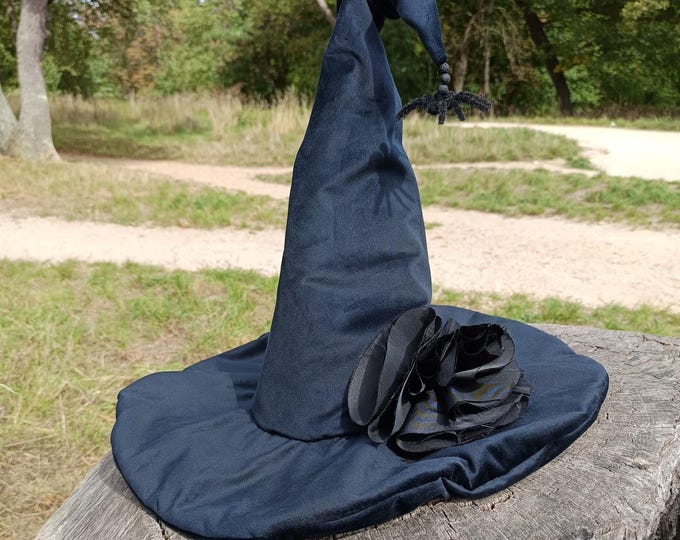 Black Velvet Witch Hat – Ivory Satin Lining – Taffeta Flower & Spider – Adjustable Size Kids and Adults