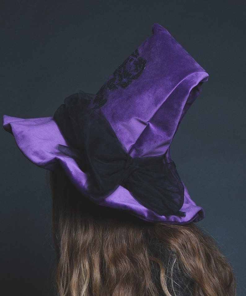 Purple velvet witch hat, wide brim, black rose in sequins, large black tulle bow on the back image 3