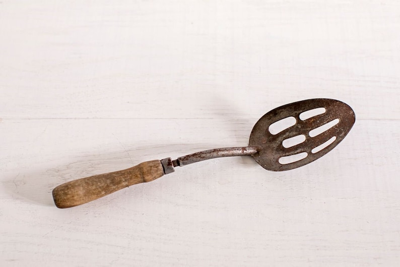 Vintage Wooden Handle Slotted Spoon Etsy