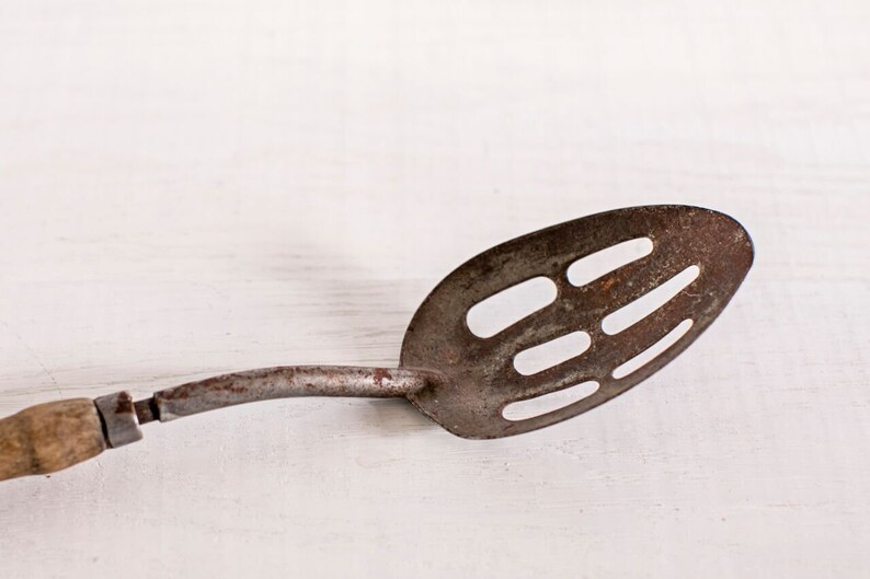 Vintage Wooden Handle Slotted Spoon Etsy