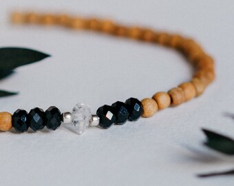 Sandalwood / Herkimer diamond bracelet, black spinels and moonstone / silver 925 / N32