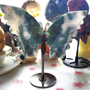 Moss Agate Butterfly Wings on Stand: Metaphysical Crystal Decor, 3&quot;