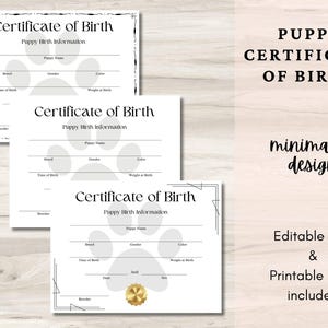 Afdrukbare sjabloon geboorteakte puppy | Aanpasbare geboorteakte huisdier | Bewerkbaar in canva en pdf | Puppyaandenken | Digitale download