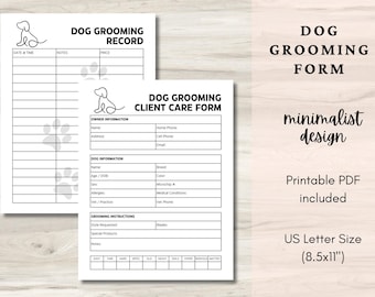 Formulario imprimible de preparación de perros / Plantilla de preparación de mascotas de 2 páginas / Tamaño carta de EE. UU. / Hoja de registro de preparación para peluqueros profesionales