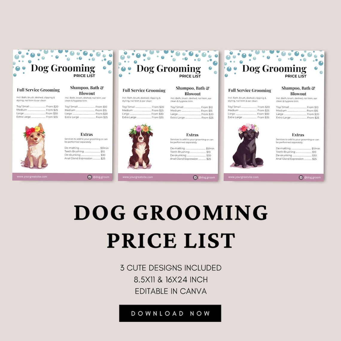 Image showcasing Editable Dog Grooming Price List Template - Cute and Professional Canva Design for Grooming ...