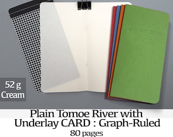 May include: A cream-colored, 80-page notebook with a graph-ruled underlay card. The notebook is made of Tomoe River paper and has a 52g weight. The cover is a plain, light green color with the text "goofINKPRESSIONS" printed on it.