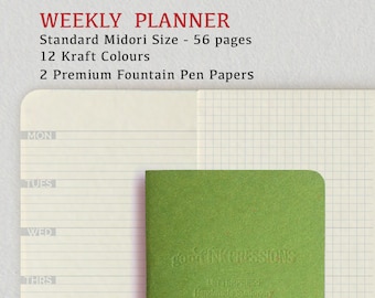 Weekly Planner, Kiwi, Traveller's Notebook - 12 colours, Fountain Pen Paper. Midori, Regular A5 Wide B6 B6 Slim Personal A6 FN Passport