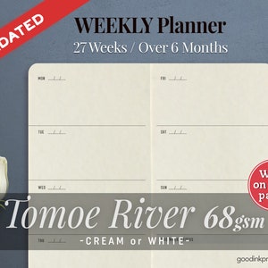 TOMOE RIVER 68 gsm WEKELIJKSE planner, inlegvellen - vulpenpapier - 10 maten - 13 kleuren