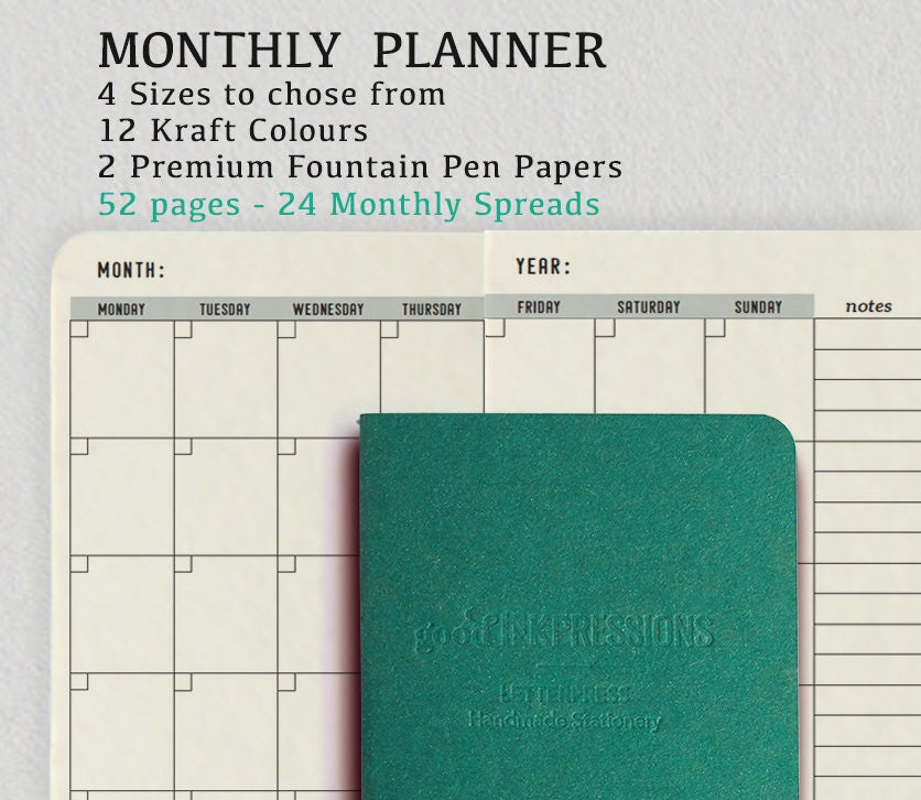 Monthly Planner EMERALD, Traveller's Notebook -14 colours - Fountain Pen,  Regular A5 Wide B6 Slim Personal, Clairefontaine SplendorGel