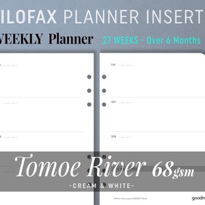 Könnte beinhalten: Ein wöchentlicher Planer-Einsatz für einen Filofax-Planer. Der Einsatz ist auf Tomoe River 68 g/m² Papier gedruckt, das cremefarben und weiß ist. Der Planer ist für 27 Wochen ausgelegt, das sind über 6 Monate.