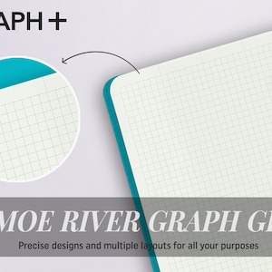 Könnte beinhalten: Ein türkisfarbenes Notizbuch mit einem 5 mm Raster. Das Notizbuch besteht aus Tomoe River Papier und hat den Text "GRAPH +" und "TOMOE RIVER GRAPH GRID" auf dem Cover. Der Text "Präzise Designs und mehrere Layouts für alle Ihre Zwecke" ist ebenfalls auf dem Cover gedruckt.