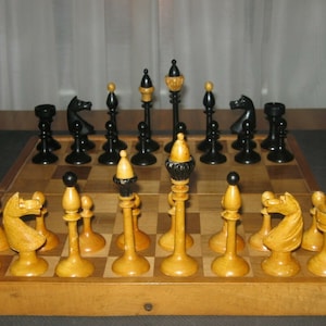 Vintage Austrian Upright Wood Chess Set with Original Folding Wood Board