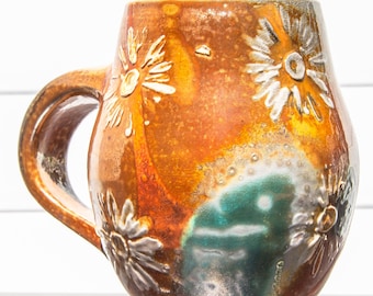 Handmade Soda Fired Porcelain Daisy Patterned Coffee/Tea Mug