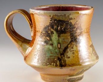 Handmade Soda Fired  Gold, Green and Black Abstract Coffee/Tea Mug