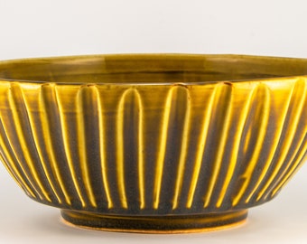 Handmade, Wheel Thrown, Faceted Amber Serving Bowl