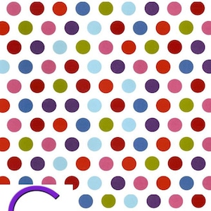 Op de afbeelding: Een witte achtergrond met een herhalend patroon van kleurrijke stippen. De stippen zijn rood, groen, blauw, paars en roze.