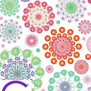 Könnte beinhalten: Abstraktes Muster mit bunten Kreisen und floralen Designs. Die Kreise sind in Schattierungen von Rosa, Orange, Rot und Grün. Die floralen Designs sind in Schattierungen von Lila, Grün und Weiß. Der Hintergrund ist weiß.