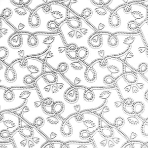 May include: A white background with a repeating pattern of a delicate, intricate design. The design is made up of small circles and loops that form a floral pattern.
