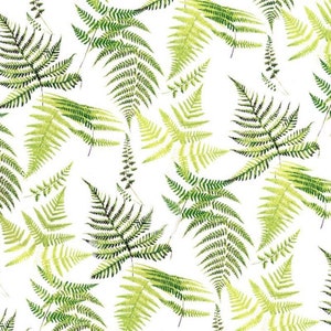 May include: A seamless pattern featuring green fern leaves on a white background. The ferns are arranged in a random pattern, with some leaves overlapping others. The leaves are a variety of shades of green, from light to dark.