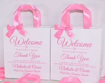 Wedding Welcome Bags, Rose Pink Ribbon, Personalized Favor Bags (Set of 30)
