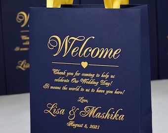 25 Navy & Gold Wedding Welcome Bags, Personalized Ribbon Handles