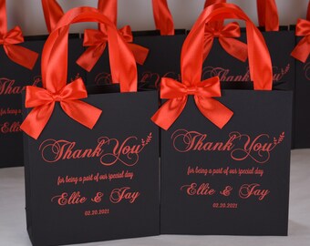 25 Wedding Welcome Bags: Black Gift Bag with Red Satin Ribbon