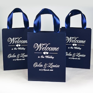 20 Navy Blue Wedding Welcome Bags with satin ribbon handles and names, Elegant Personalized wedding Thank You gifts and favors for guests