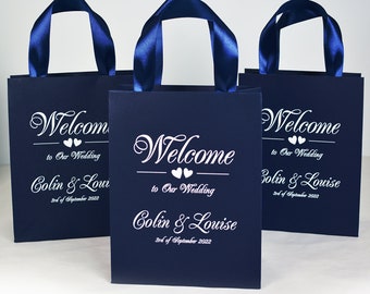20 Navy Blue Wedding Welcome Bags with satin ribbon handles and names, Elegant Personalized wedding Thank You gifts and favors for guests