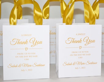 Personalized Gold Wedding Welcome Bags with Satin Ribbon Handles, Elegant Favor Bags