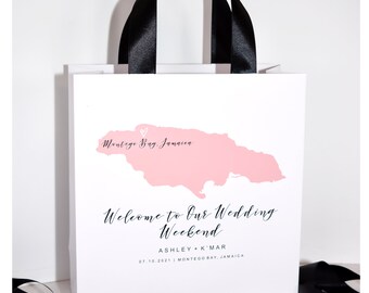 Personalized Jamaican Map Wedding Welcome Bags, Satin Ribbon Handles (Set of 25)