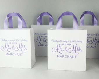 20 de heer & mevrouw bruiloft Welkom zakken met lavendel satijn lint handgrepen en namen, elegante gepersonaliseerde bruiloft dank u gunsten voor gasten
