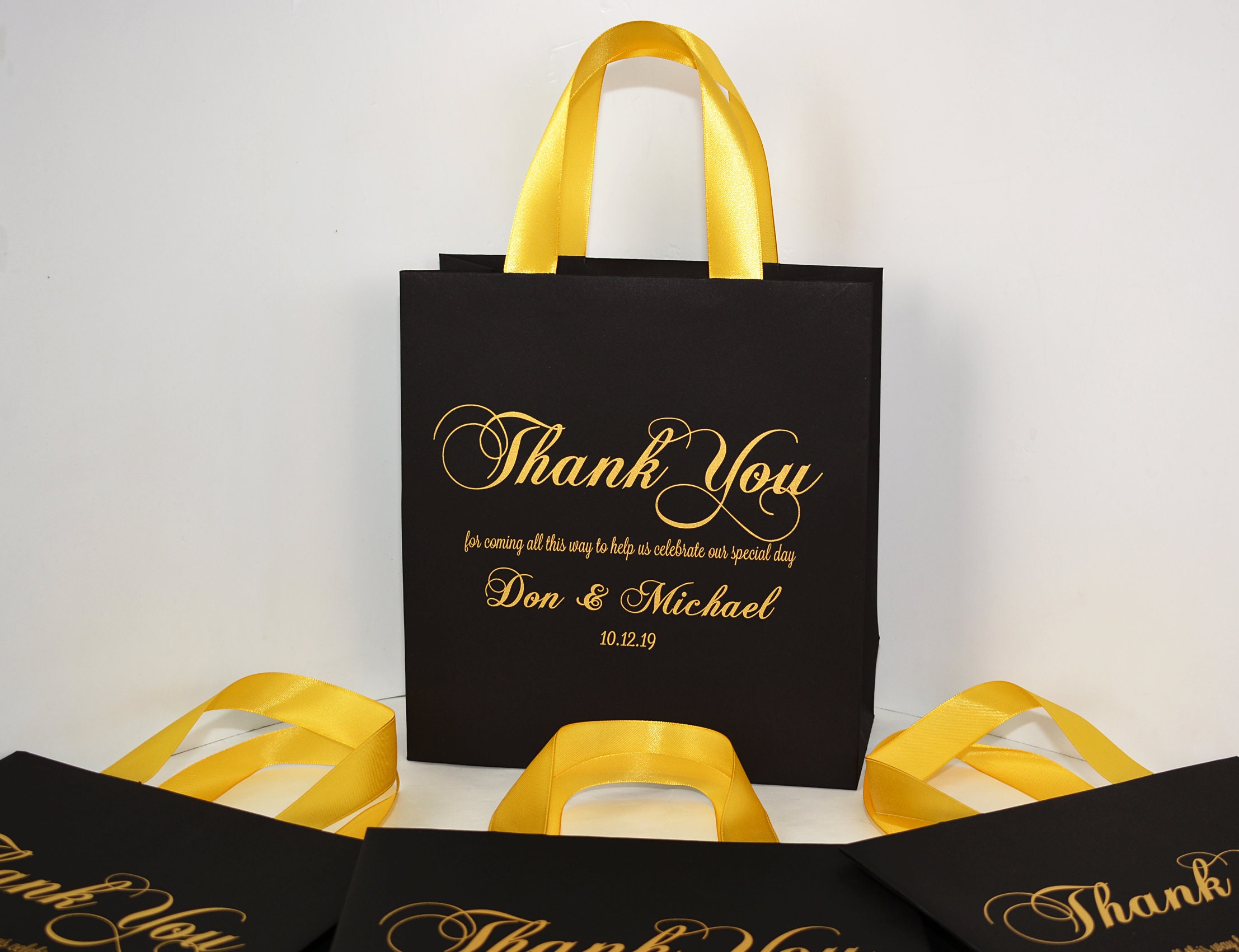 Personalized Black & Gold Thank You Bags – Wedding Favor With Ribbon ...