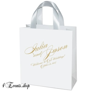 30 bodas Bienvenidos bolsos con manijas de cinta de raso y oro imprimen nombres - regalos de boda personalizados gracias y favores para los huéspedes