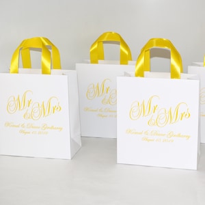 25 Mr & Mrs Wedding Welcome Bags with satin ribbon handles and your names, Elegant Yellow Personalized wedding Thank You gifts and favors