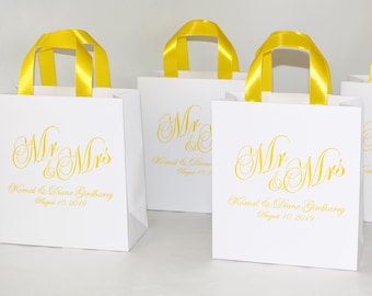Personalized Wedding Welcome Bags, Elegant Yellow Ribbon Handles, Mr & Mrs, Set of 25