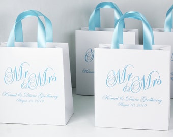 Personalized Wedding Welcome Bags, Light Blue Ribbon, Mr & Mrs, Set of 35