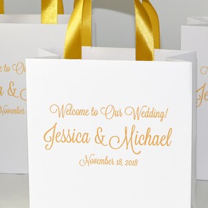 25 Gold Wedding Welcome Bags with satin ribbon handles and your names Personalized Welcome to Our Wedding Elegant wedding favors for guests