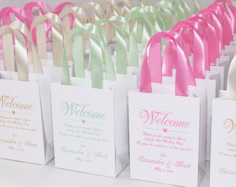 25 Wedding Welcome Bags with satin ribbon handles and your names, Elegant Pink Personalized wedding THANK YOU gifts & favors for guests