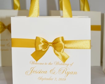 Personalized Ivory & Gold Wedding Welcome Bags, Ribbon Bow Handles, Set of 25