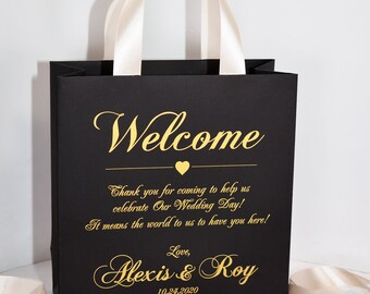Personalized Wedding Welcome Bags, Gold Names & Champagne Ribbon, Set of 35