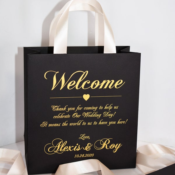 35 Wedding Welcome Bags with Champagne satin ribbon handles and Gold names, Elegant Personalized wedding Thank You gifts & favors for guests