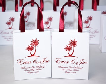 35 Tropical Wedding Welcome Bags with satin ribbon handles, Beach wedding favor, Elegant Personalized Destination wedding gifts for guests