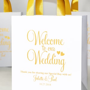 40 Gold Wedding Welcome Bags with satin ribbon handles and your names Personalized Welcome to Our Wedding Elegant wedding favors for guests