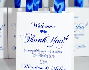 Personalized Wedding Welcome Bags, Royal Blue Ribbon, Custom Favor Bags - Set of 30