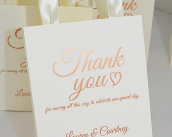 30 Rose Gold wedding thank you bags with satin ribbon handles and your names, Personalized Ivory Wedding welcome gifts and favors for guests