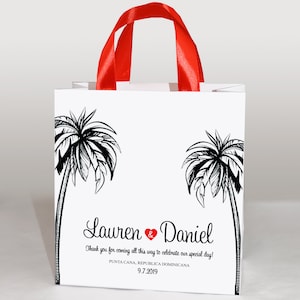 25 Tropical Wedding Welcome Bags with satin ribbon handles and your names, Personalized Destination Beach wedding favors for your guests