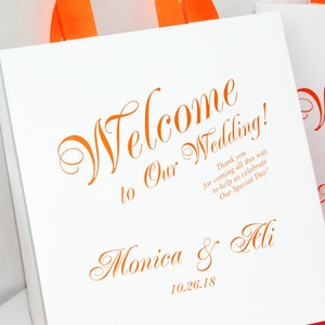 25 Wedding Welcome Bags with satin ribbon handles and your names Personalized Welcome to Our Wedding Elegant Orange wedding favor for guests