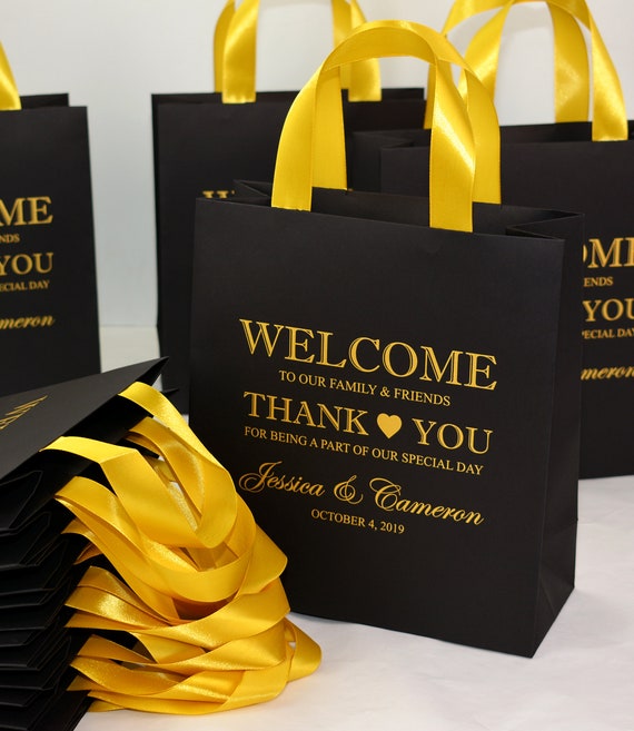Elegant Wedding Welcome Bag With Satin Ribbon Handles and Custom Tag,  Personalized Black & Gold Gift Bags for Wedding Favor for Guests 