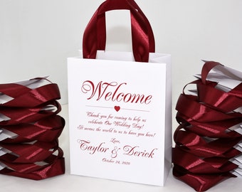 45 Personalized Wedding Welcome Bags, Wine Burgundy Ribbon Handles and custom print