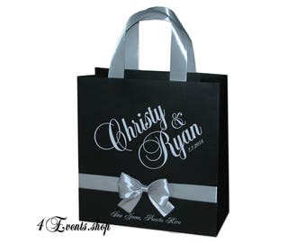 35 Wedding Welcome Bags with Silver satin ribbon bow and personalized Elegant wedding gifts and favors for guests Black & Silver Wedding